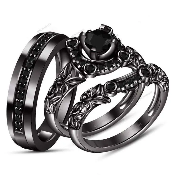 14K Black Gold 1.80 CT Diamond His Her Engagement Ring Wedding Bridal ...
