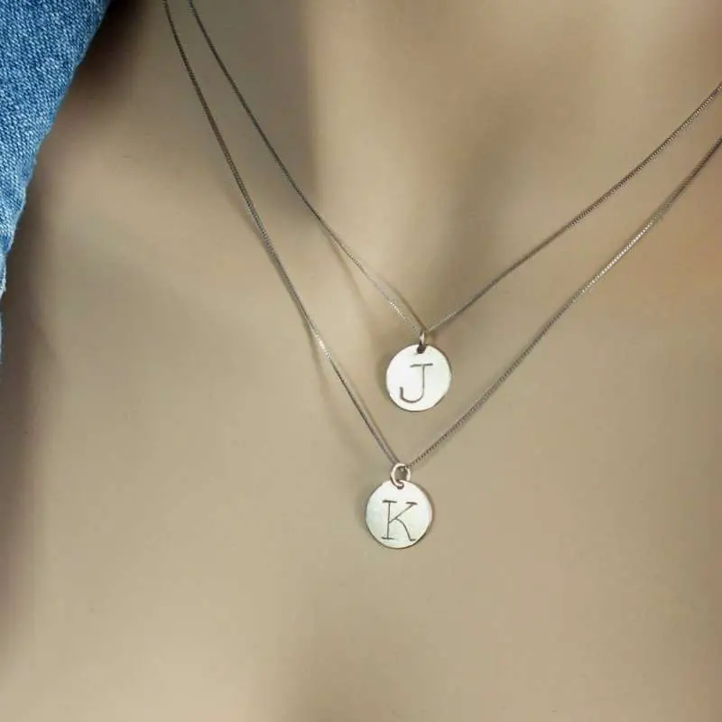 14K Layered Necklace Set, 14k Solid White Gold, 2 Initials Double Disc ...