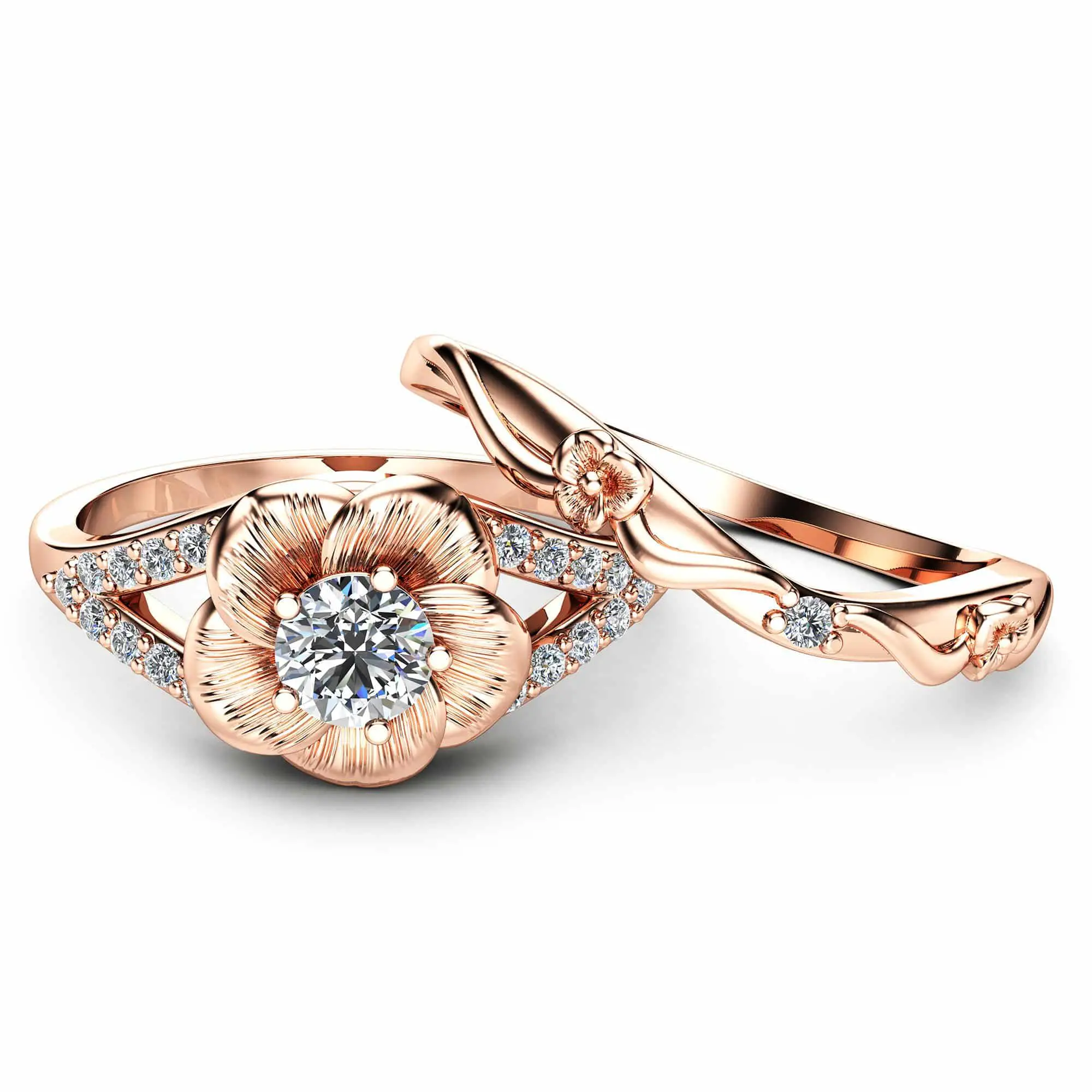 14K Rose Gold Engagement Ring Set Natural Diamond Rings Flower Rose ...