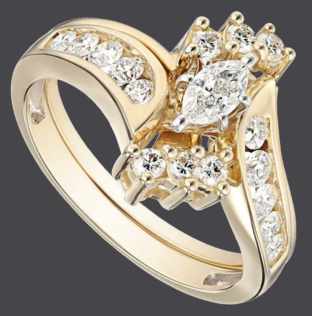 14k Yellow Gold Bypass Diamond with Marquise Wedding Bridal Ring Set ...