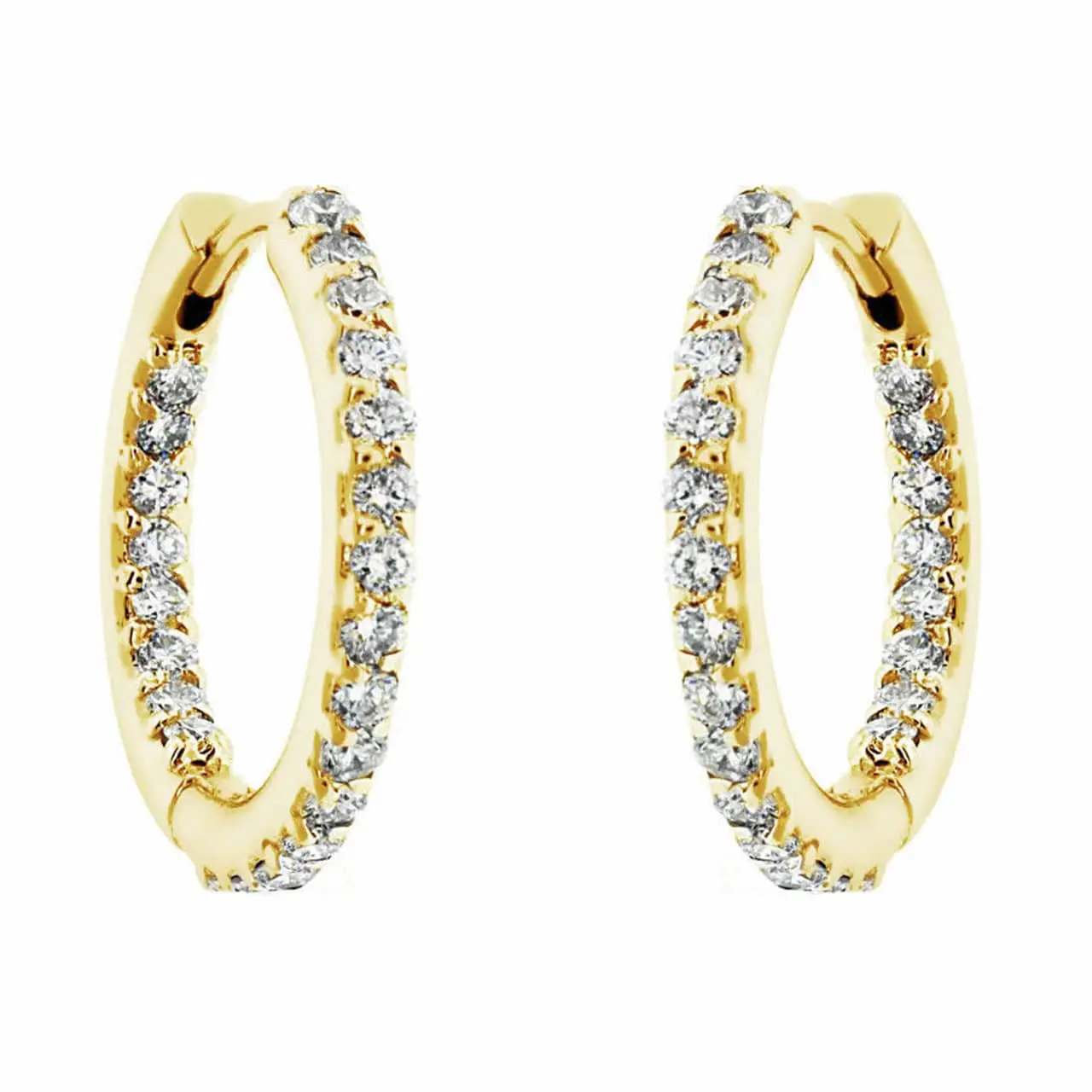 14K Yellow Gold Inside &  Outside Diamonds Hoop Earrings 0.75 inch ...