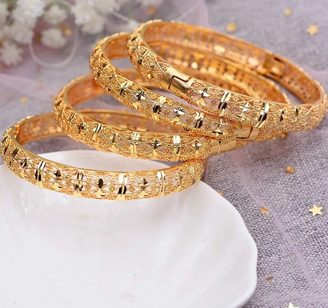 18K real gold plated Dubai bangle jewelry bracelet openable bangle 2 pc ...