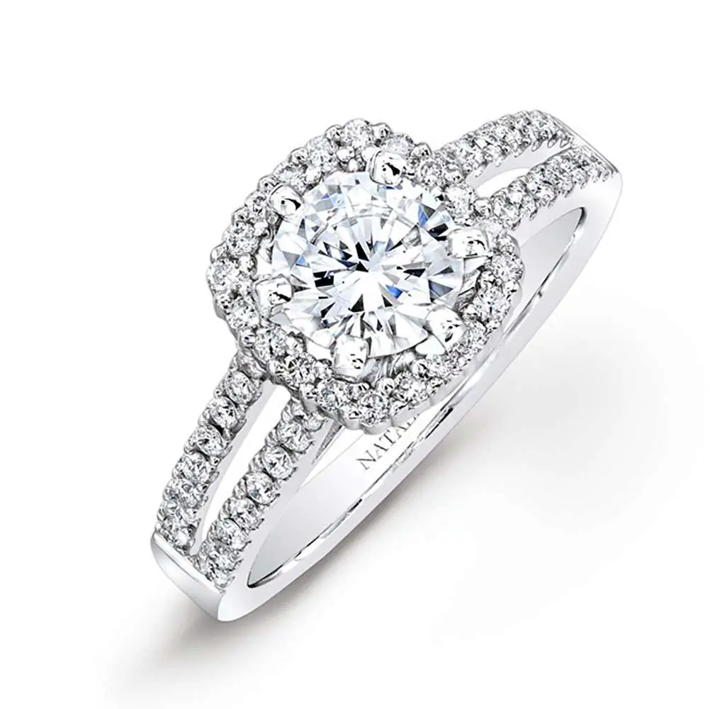 18k White Gold Split Shank Square Halo Diamond Engagement Ring