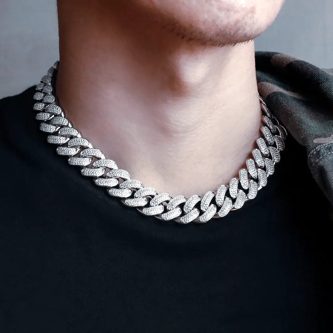 18mm Iced Out Diamond CZ Cuban Link Chain in White Gold for Men