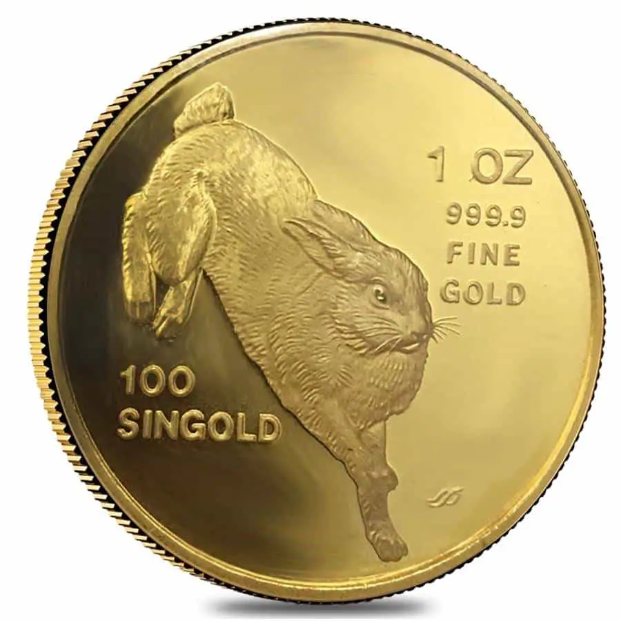 1987 1 oz Gold Singapore 100 Singold Year of the Rabbit Coin