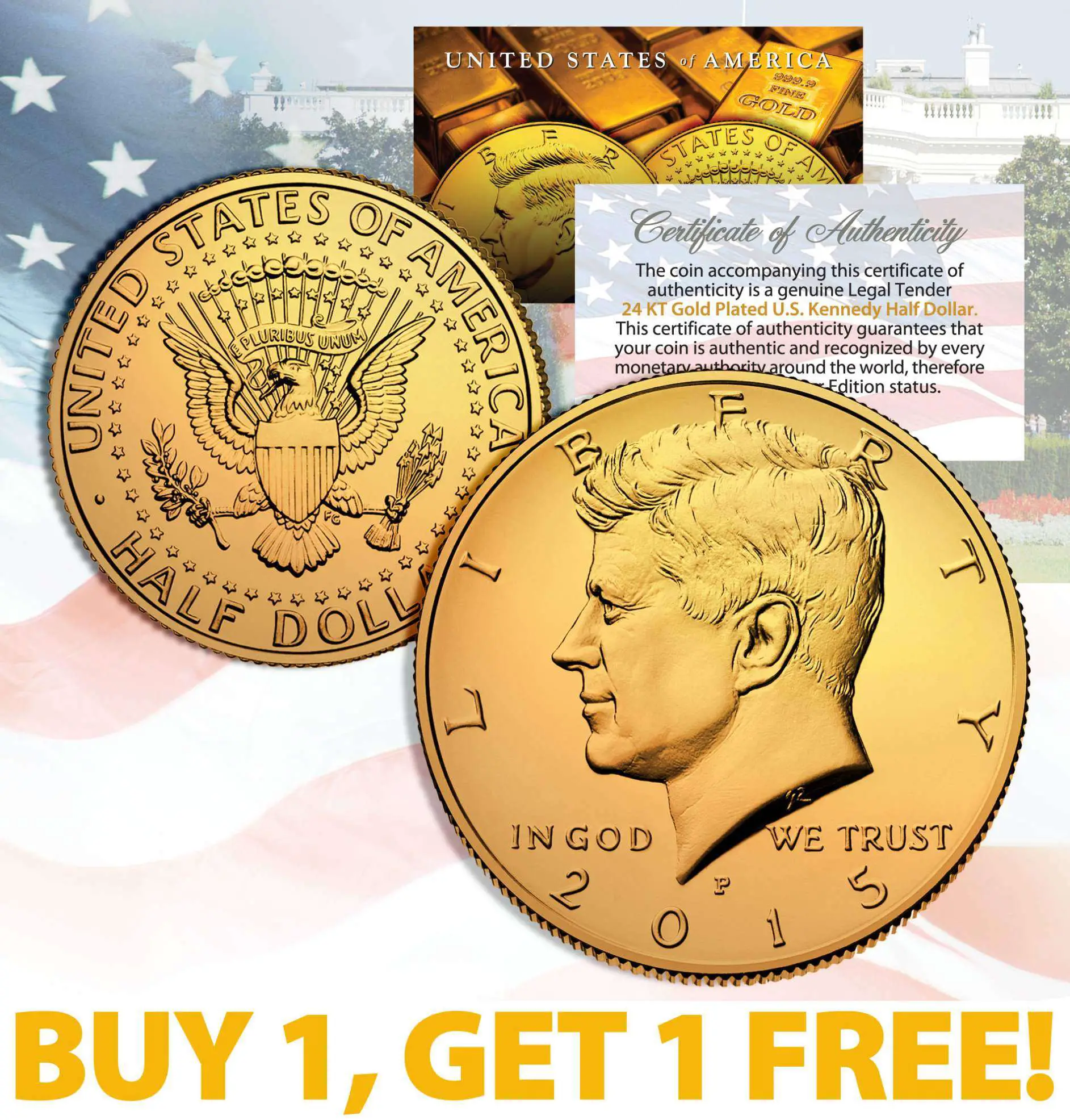 24K GOLD PLATED 2015 JFK Kennedy Half Dollar Coin w ...