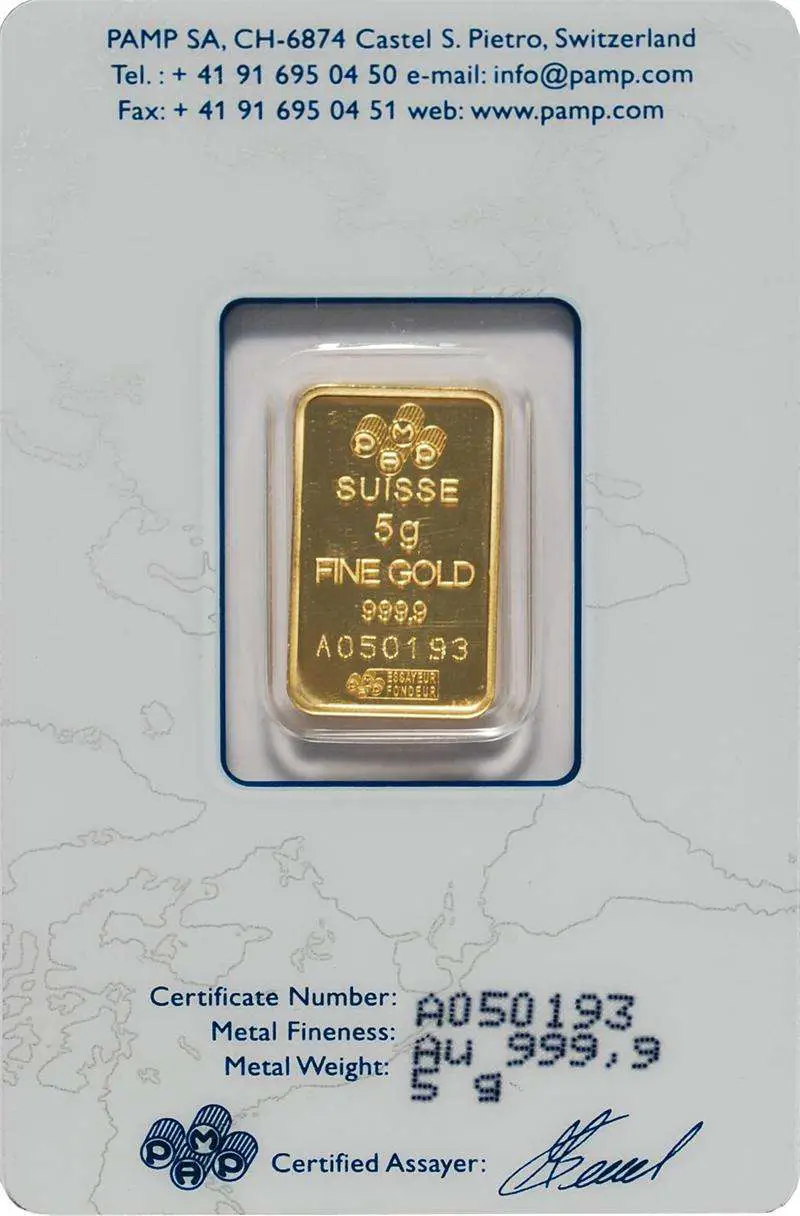 5 grams PAMP Suisse Gold bar .9999 fine