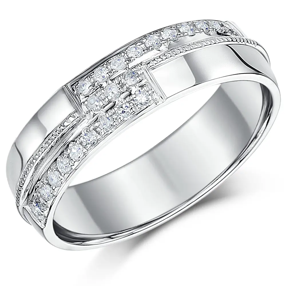 6mm Mens 9 Carat White Gold Diamond Set Wedding Ring Band