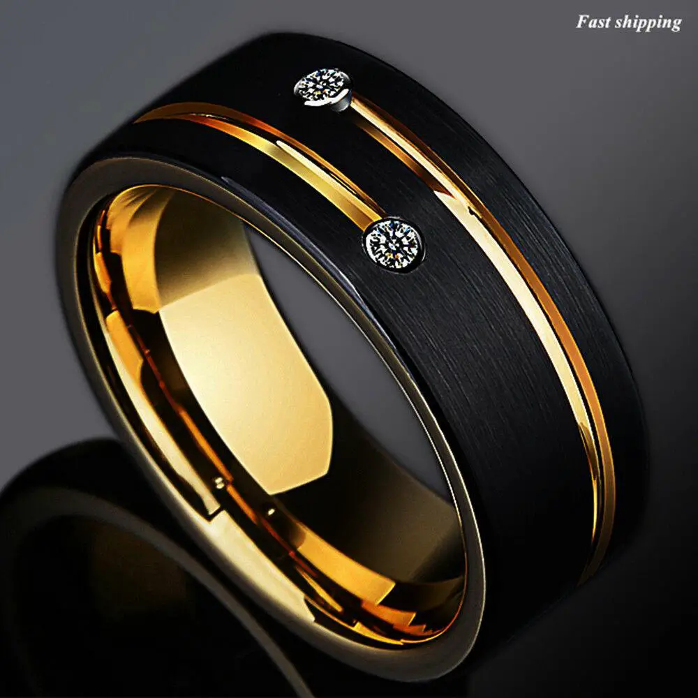 8mm Black Brushed Tungsten Ring Gold Grooved Line Diamond Men Wedding ...