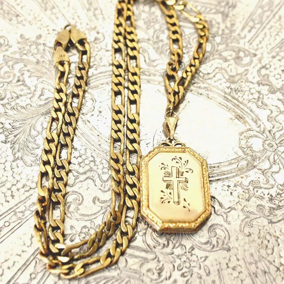 Antique Gold Cross Locket 14 Karat Gold Chain