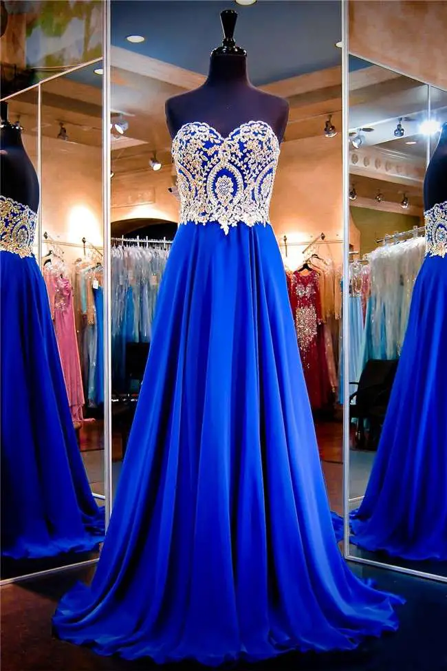 Beautiful A Line Strapless Long Royal Blue Chiffon Gold Lace Prom Dress