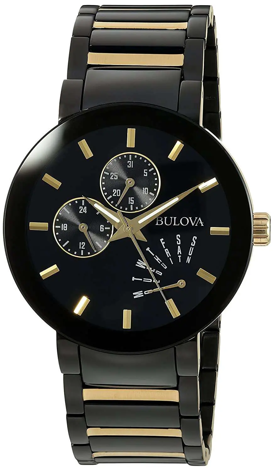 Bulova Watch Mens Wristwatch Black Gold IP Stainless Steel Day Date 24 ...