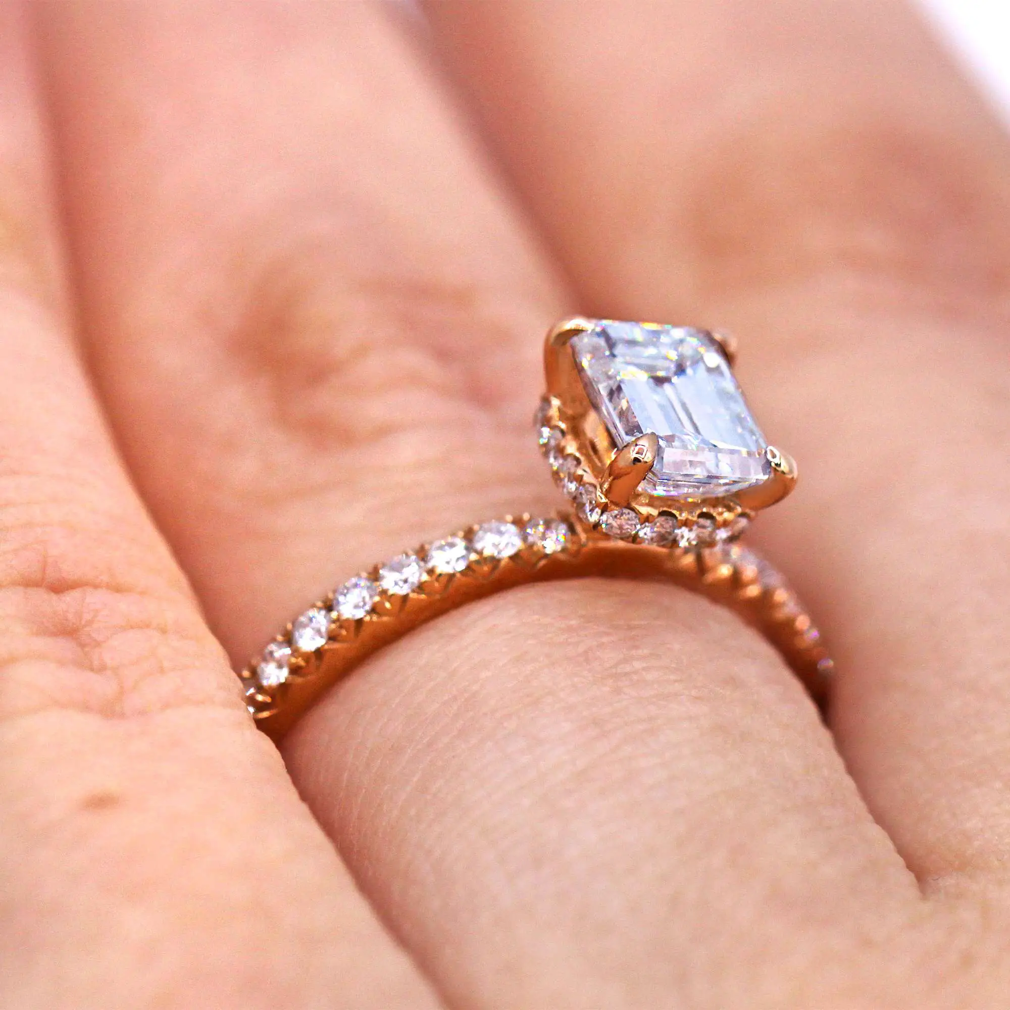 Charming 1.05 carat emerald cut diamond engagement ring in 18k rose ...