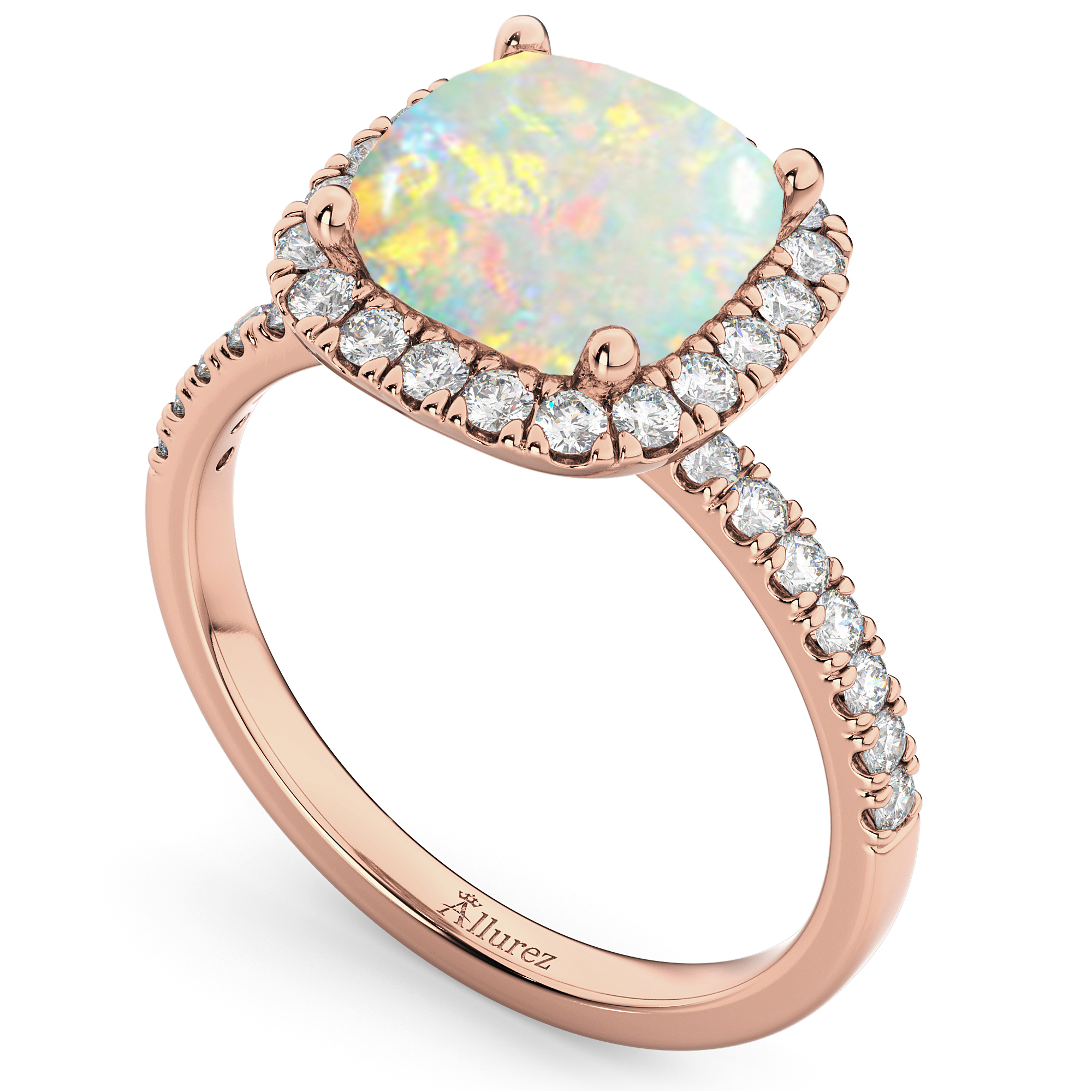 Cushion Cut Halo Opal &  Diamond Engagement Ring 14k Rose Gold 3.11ct ...