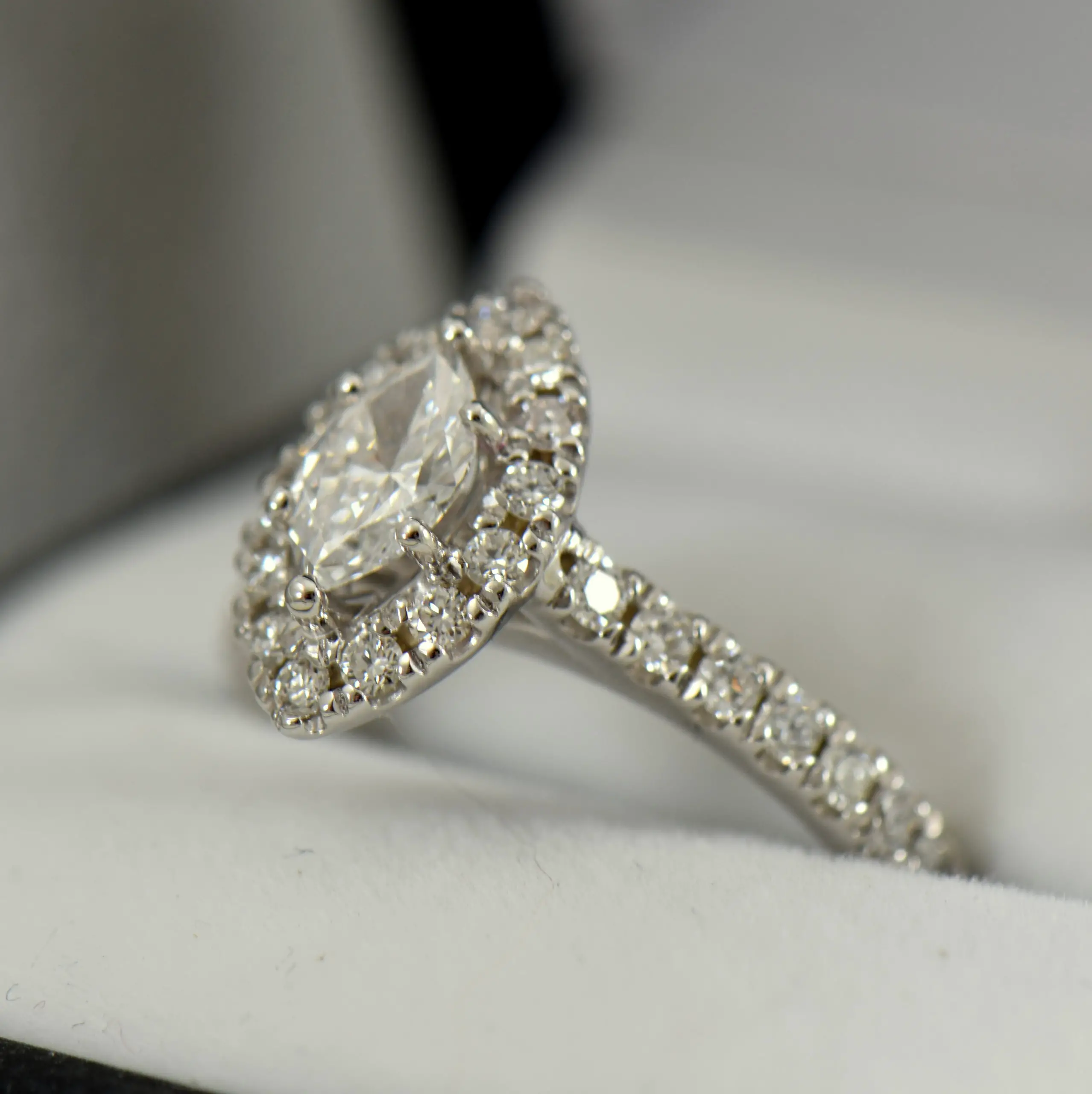Custom Marquise Diamond Halo Engagement Ring in White Gold