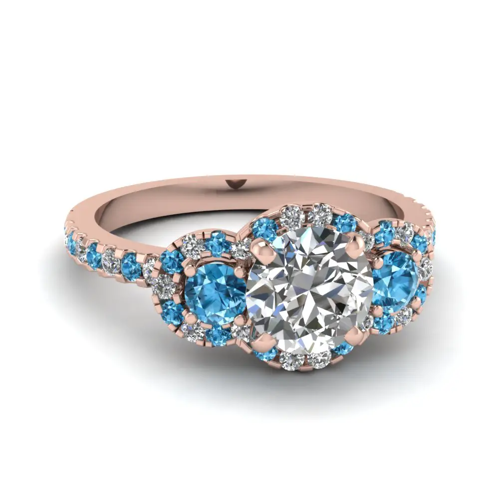 Delicate 3 Stone Halo Diamond Engagement Ring With Blue Topaz In 14K ...