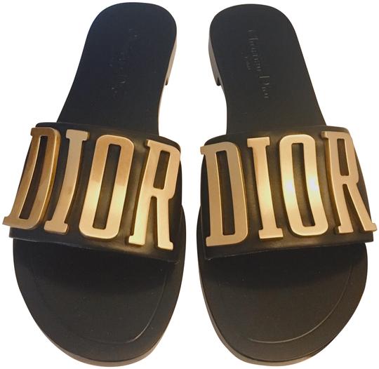 Dior Black &  Gold Diorevolution Flat Slide Leather Sandals Size EU 35.5 ...