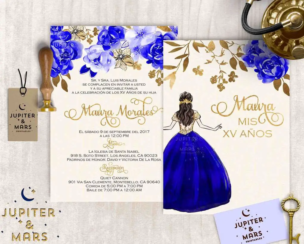 Elegant Royal Blue and Gold Quinceañera Invitation