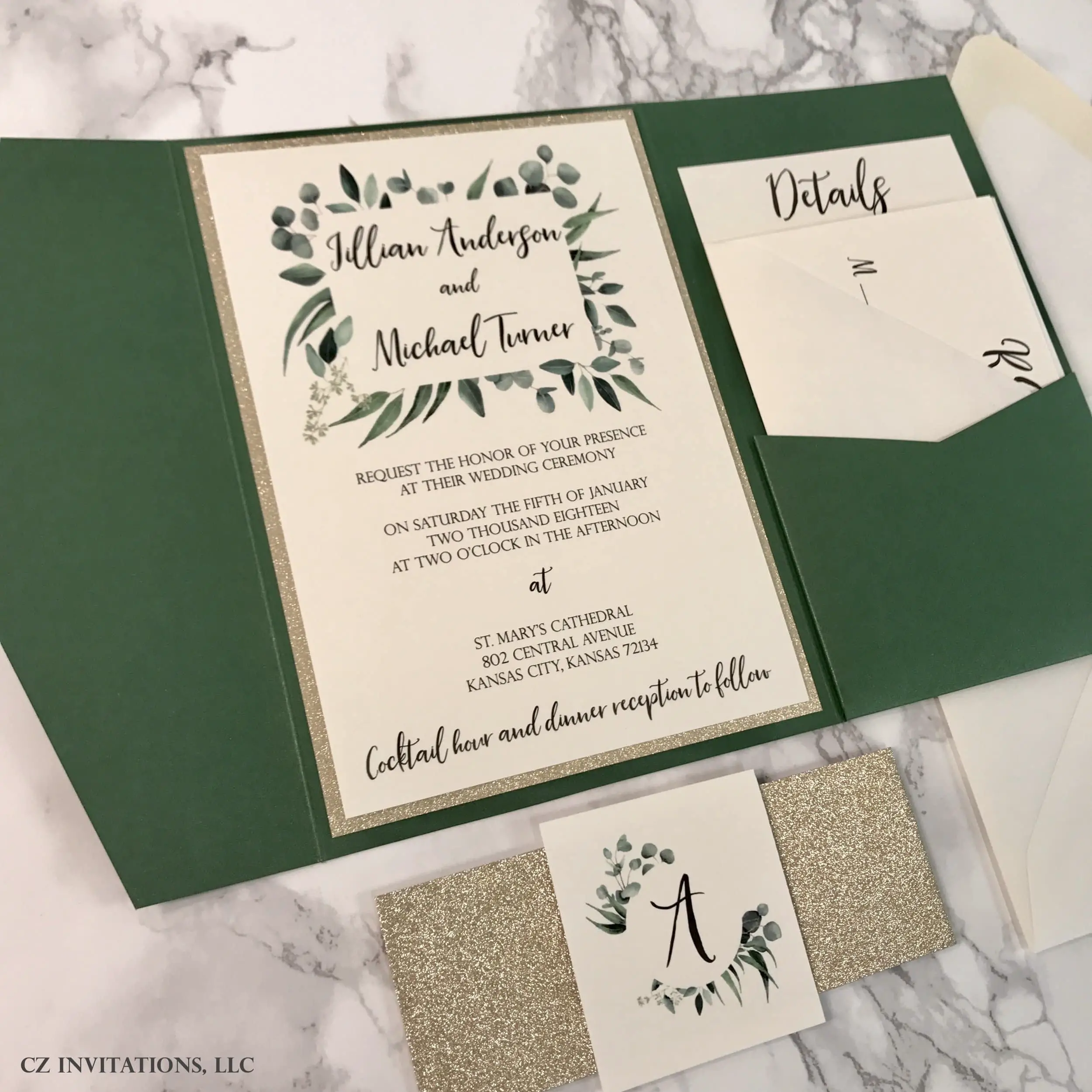 Eucalyptus Forest Green and Gold Glitter Wedding Invitation  CZ ...