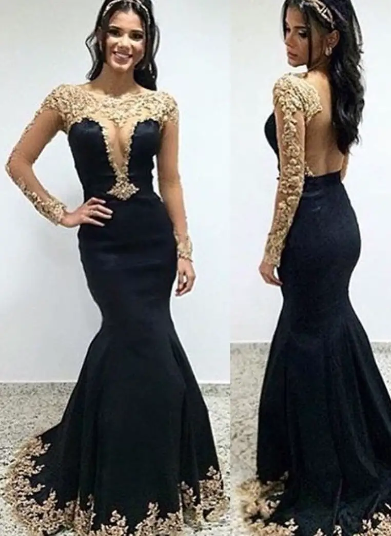 Gold Appliqued Long Sleeves Black Mermaid Prom Dress