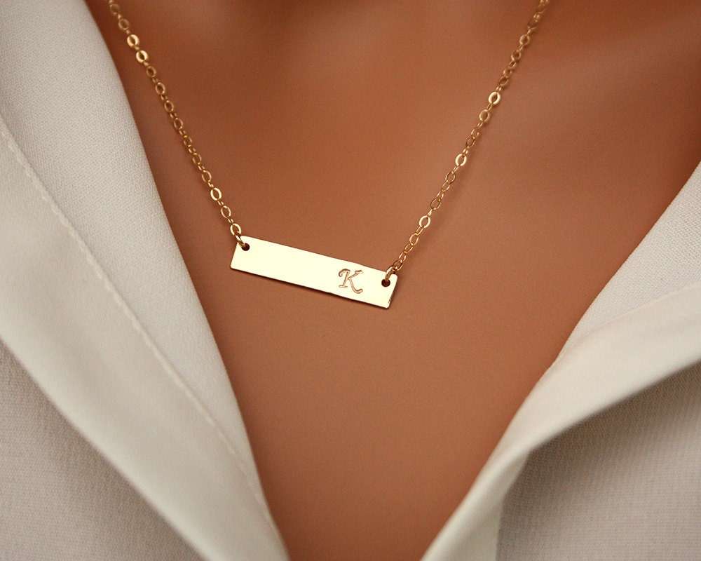 Gold bar necklace engraved name tag necklace 14K gold