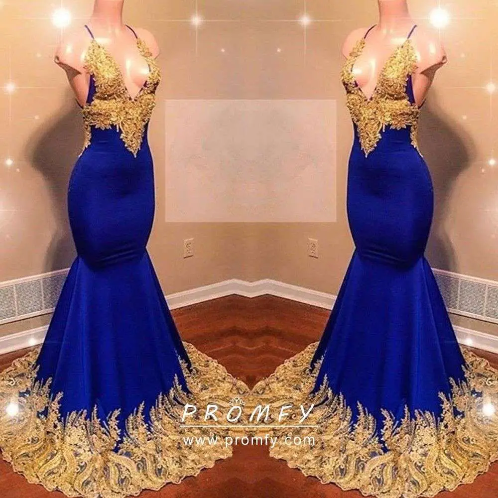 Gold Lace Appliqued Royal Blue Trumpet Prom Dress