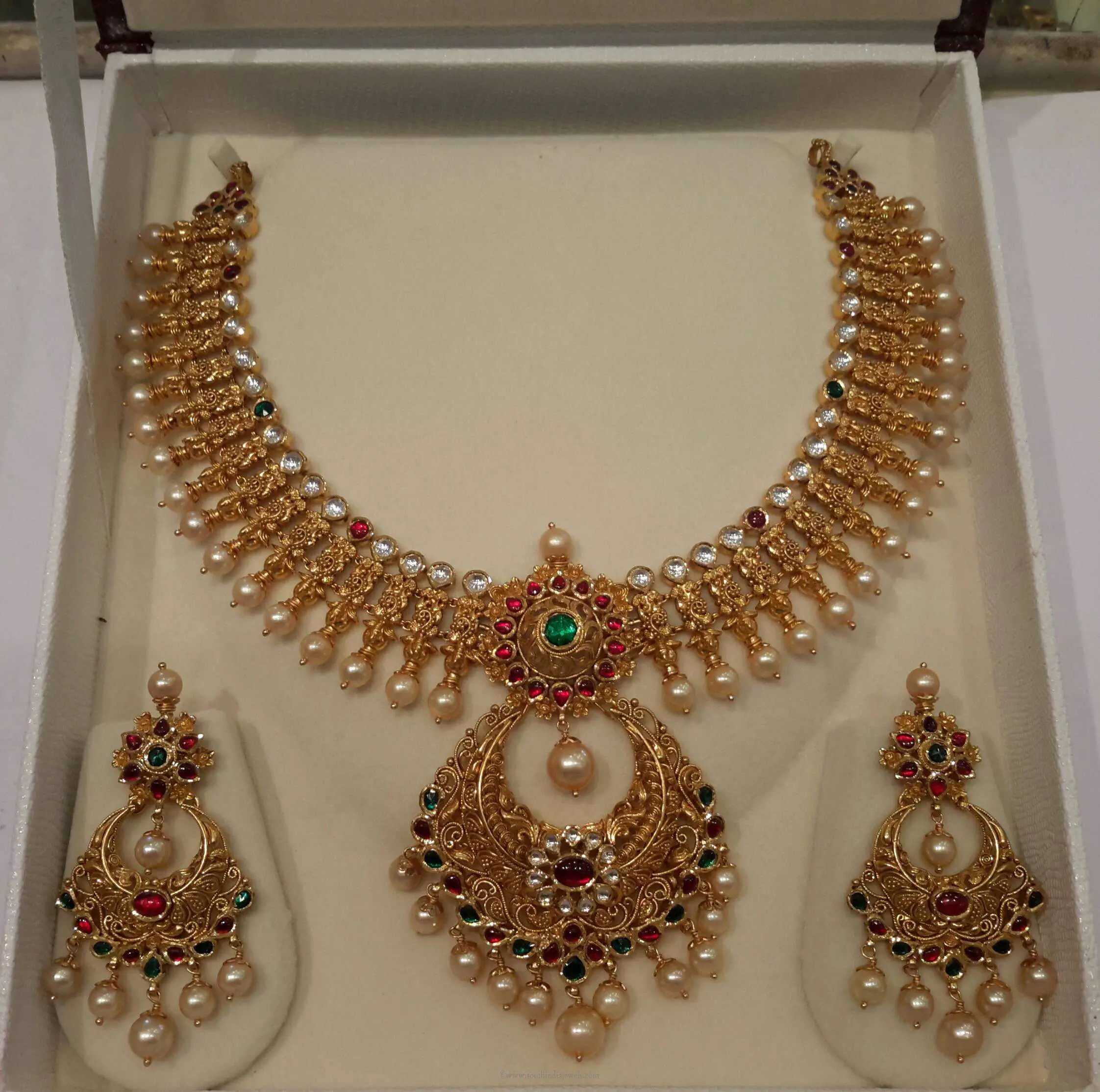 Gold Pearl Necklace Set from Mahalaxmi Jewellers ~ South India Jewels