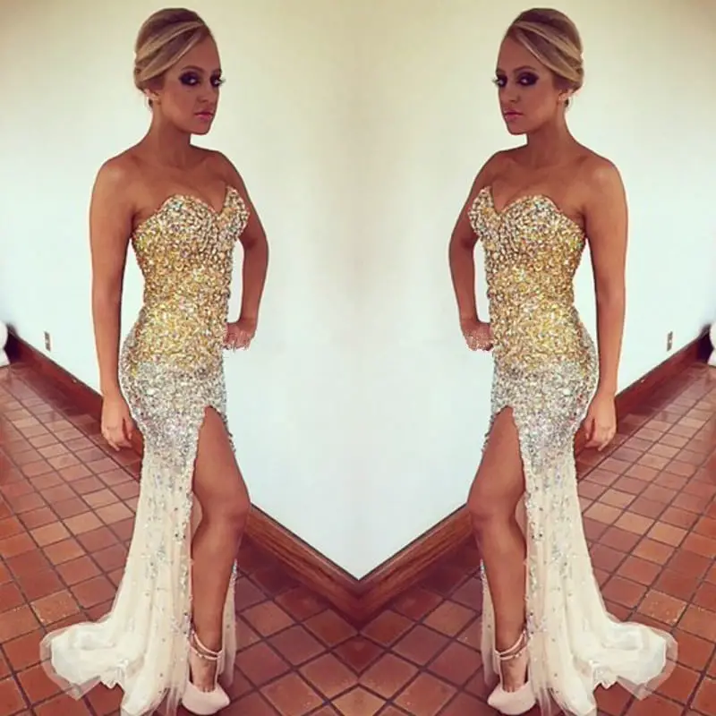 Gold White Crystal Sweetheart Strapless Mermaid Prom Dress With Fully ...