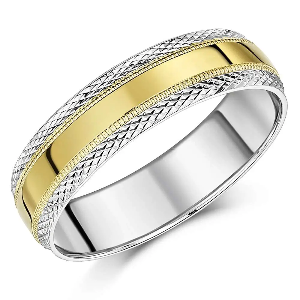 His &  Hers 4& 6mm 9ct Yellow &  White Gold Wedding Ring Pattern Two ...