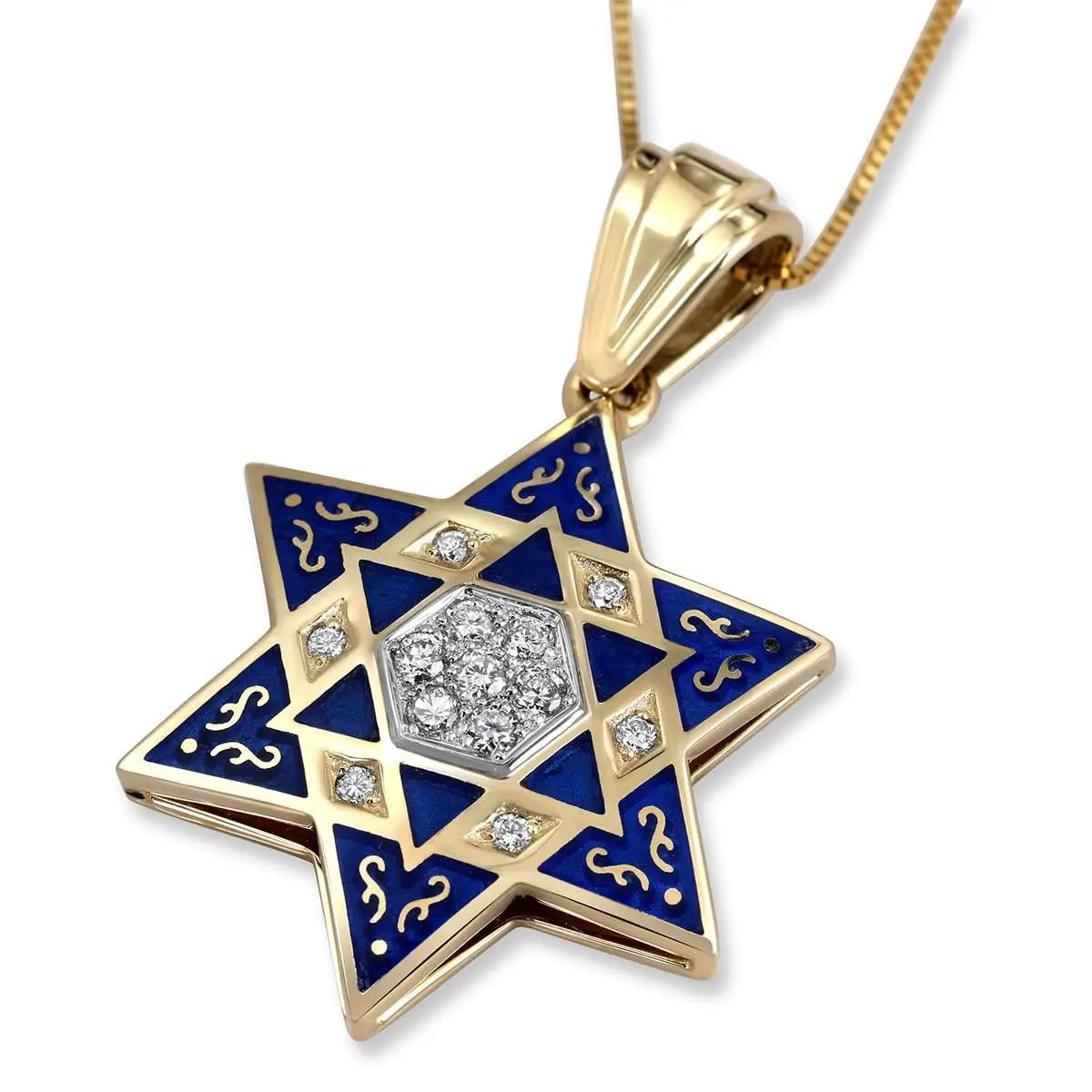 Large Blue Enamel and 14K Gold Diamond Star of David Necklace, Jewish ...