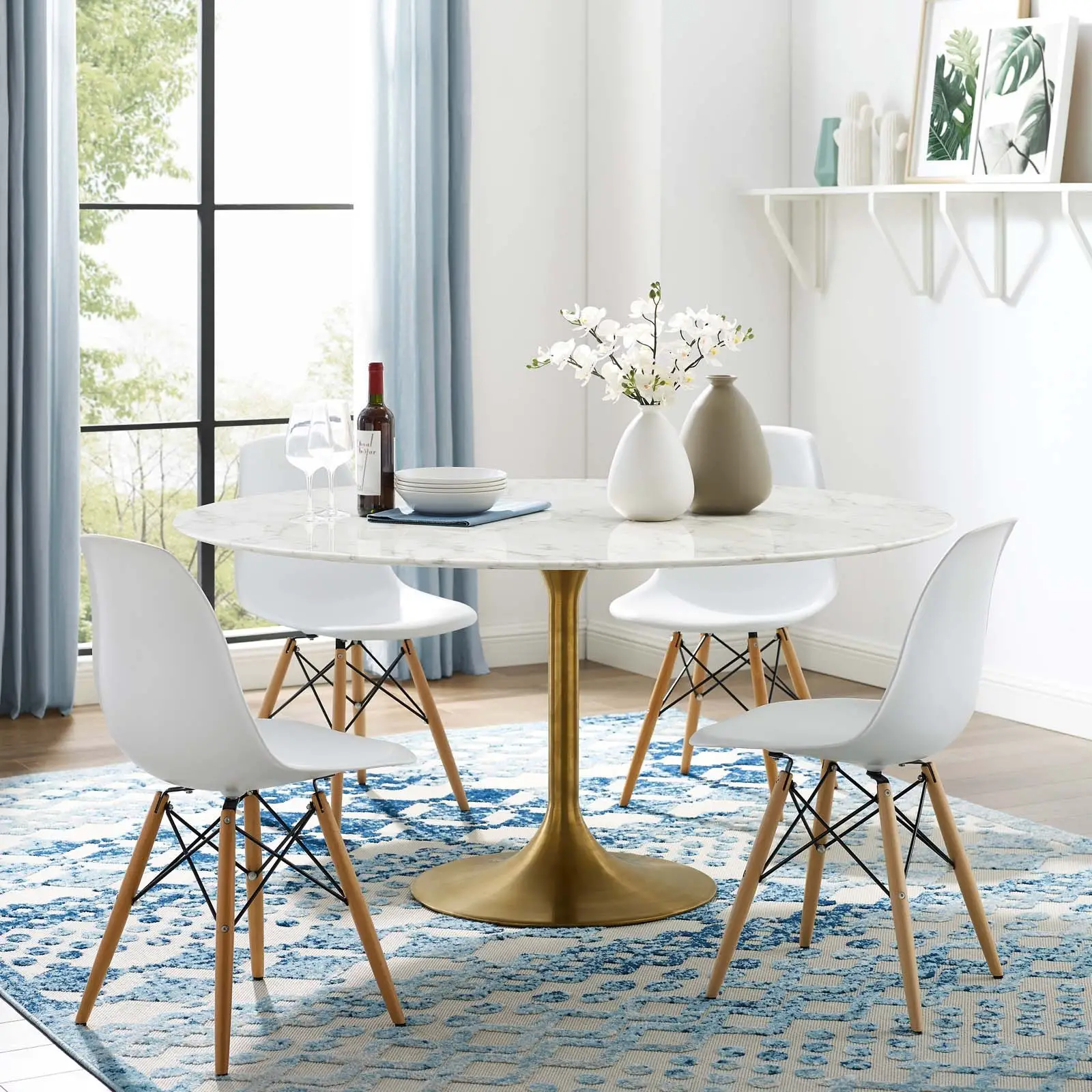 Lippa 60"  Round Artificial Marble Dining Table in Gold White