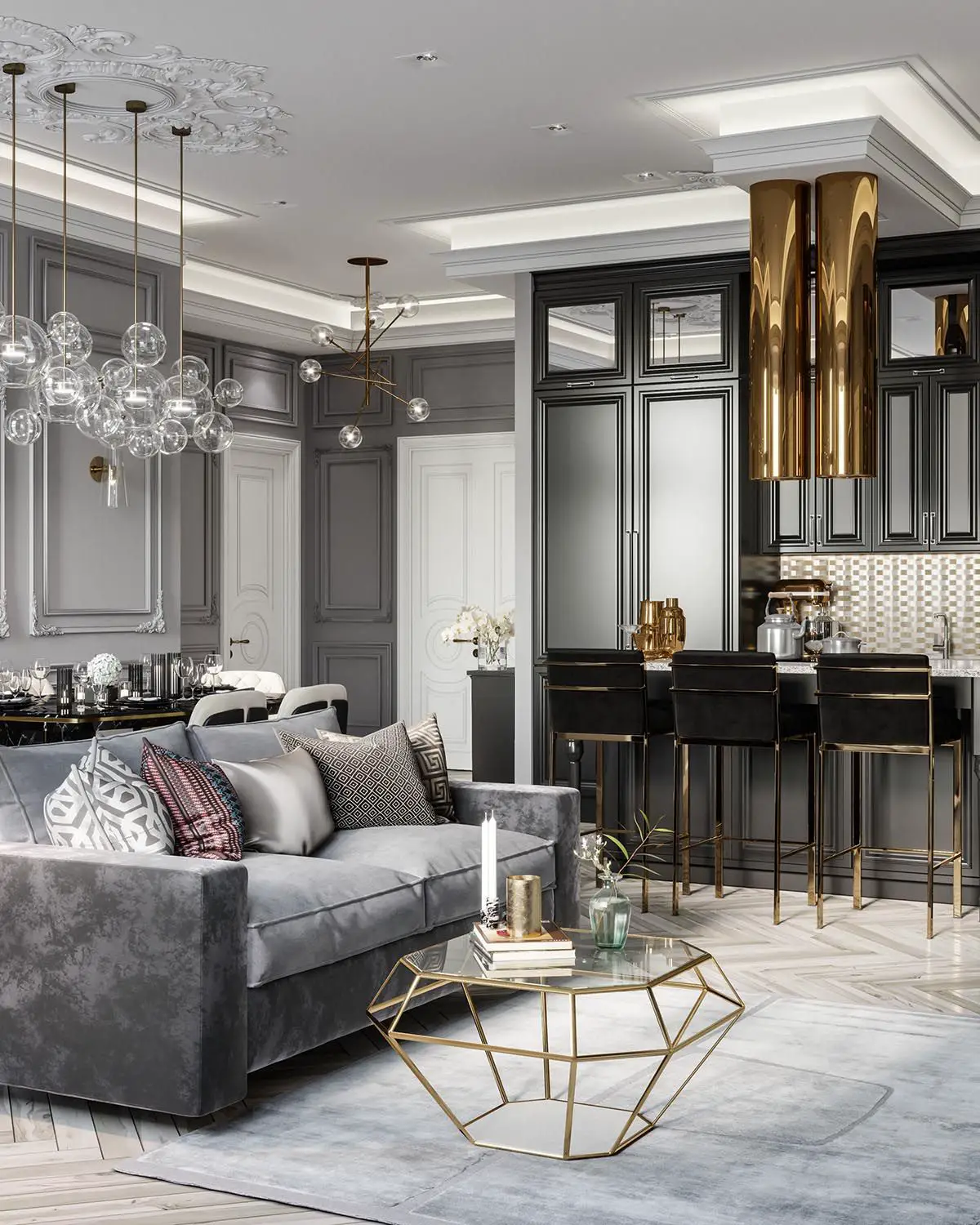Luxury all grey and gold monochromatic living room decor ...