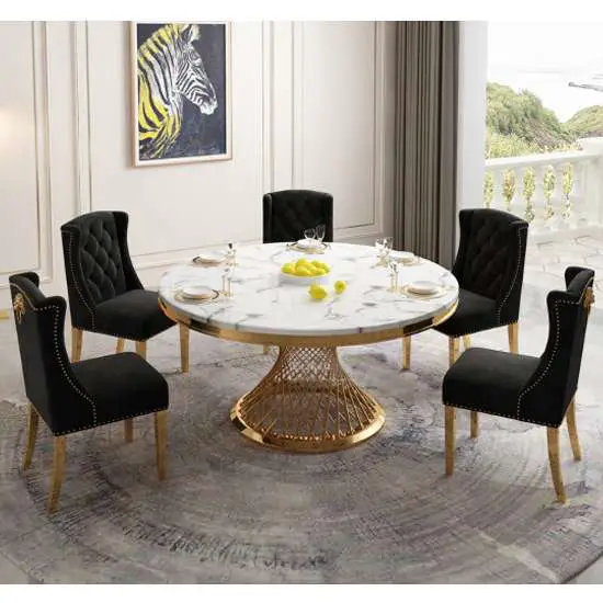 Marcelo Round White Marble Dining Table With Gold Base