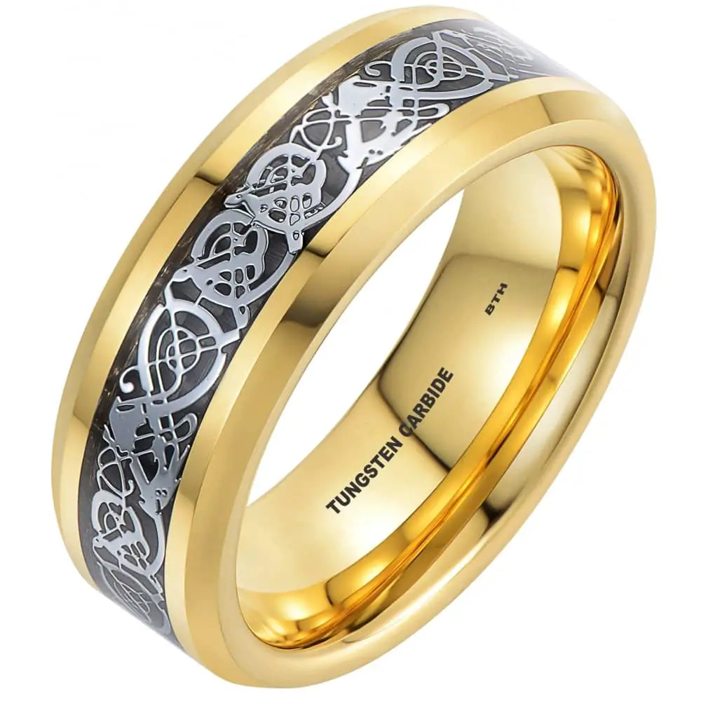 Mens Celtic Dragon Gold Plated Tungsten Carbide Wedding Eternity Ring