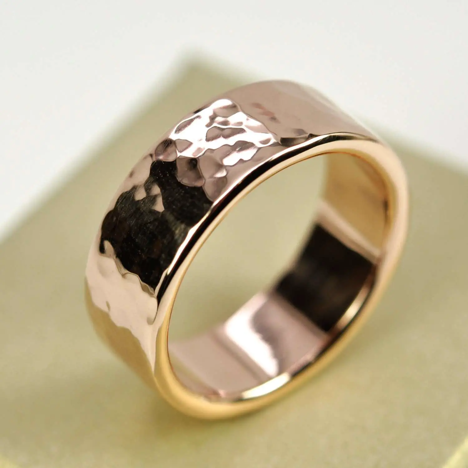 Mens Wedding Band in Rose Gold Hammered Gold Ring 8mm Wide
