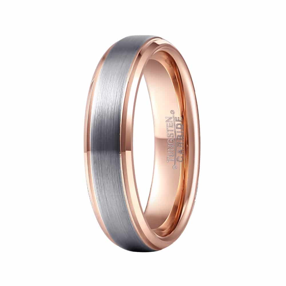 Mens Wedding Band Tungsten Ring Two Tone 6mm Brushed Silver with Rose ...
