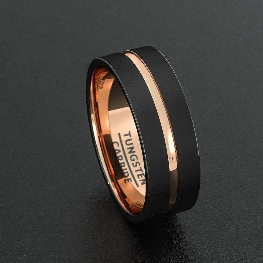 Mens Wedding Band Tungsten Ring Two Tone 8mm Black Brushed Rose Gold ...