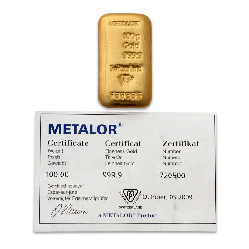 Metalor 100 gram Cast Gold Bar with Certificate of ...
