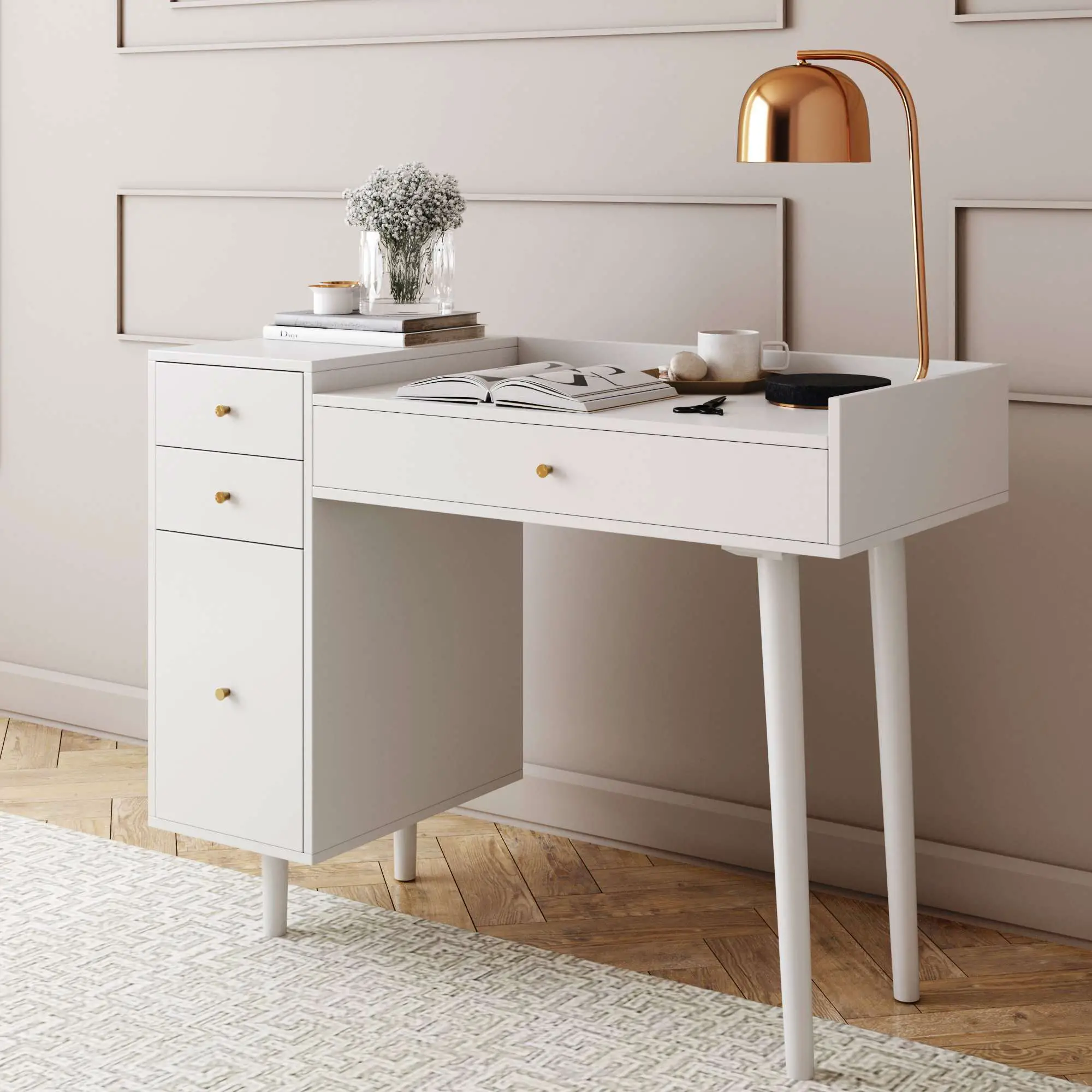 Nathan James Daisy White and Gold Makeup Desk with 4