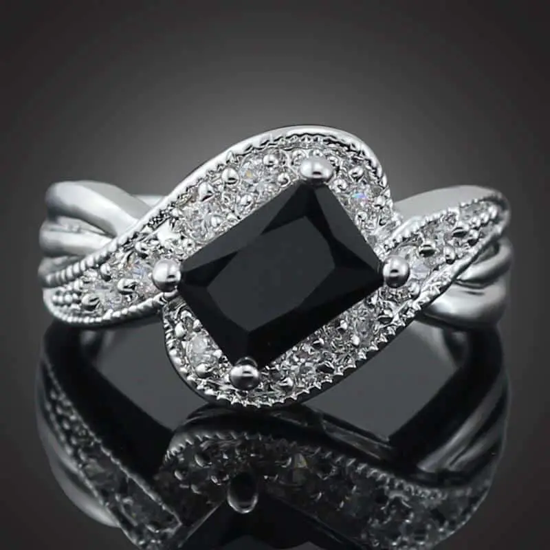 Noble 6x8mm Black Onyx AAA CZ White Gold Plated Women Rings Size 6.5 7 ...