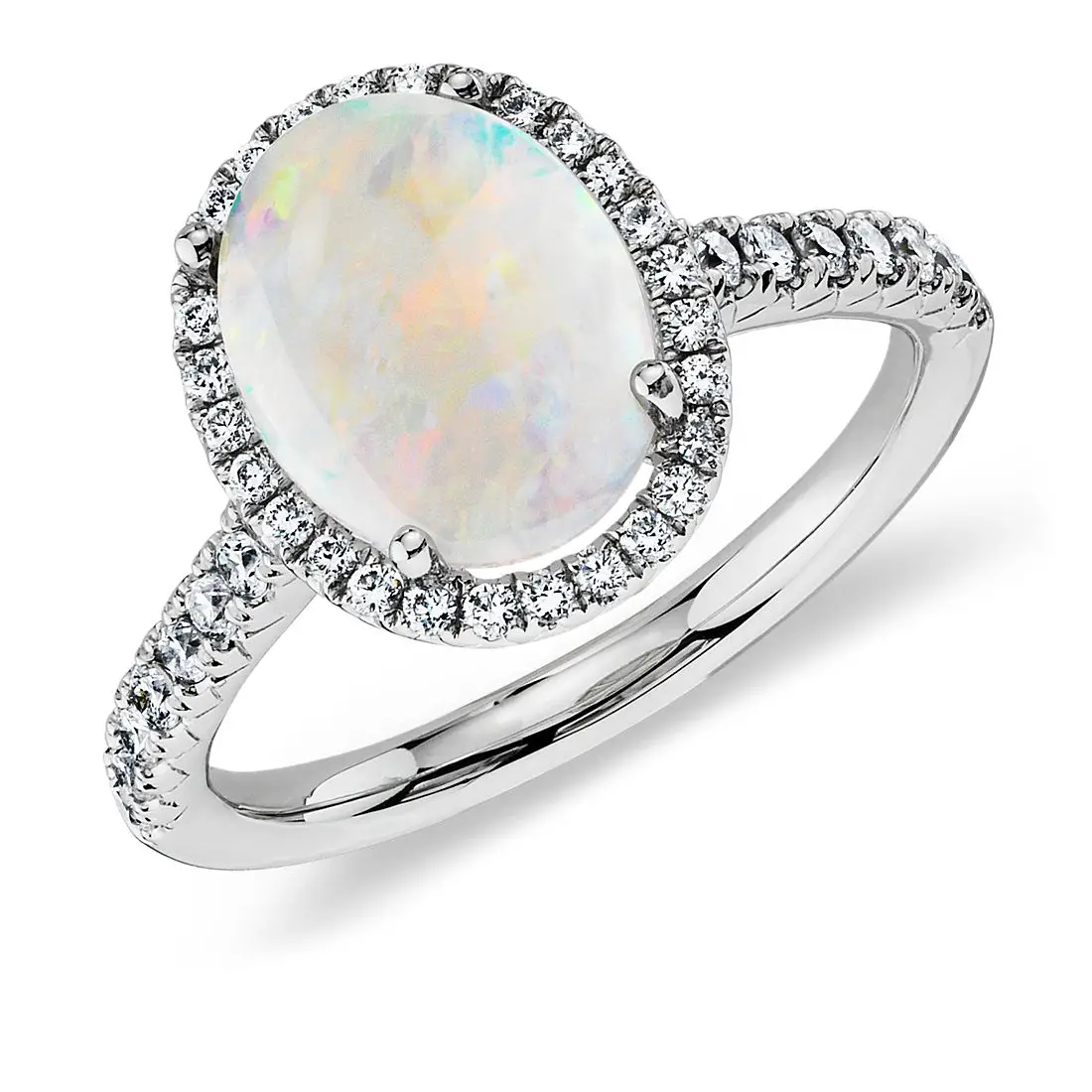 Opal and Diamond Halo Ring in 18k White Gold (10x8mm)