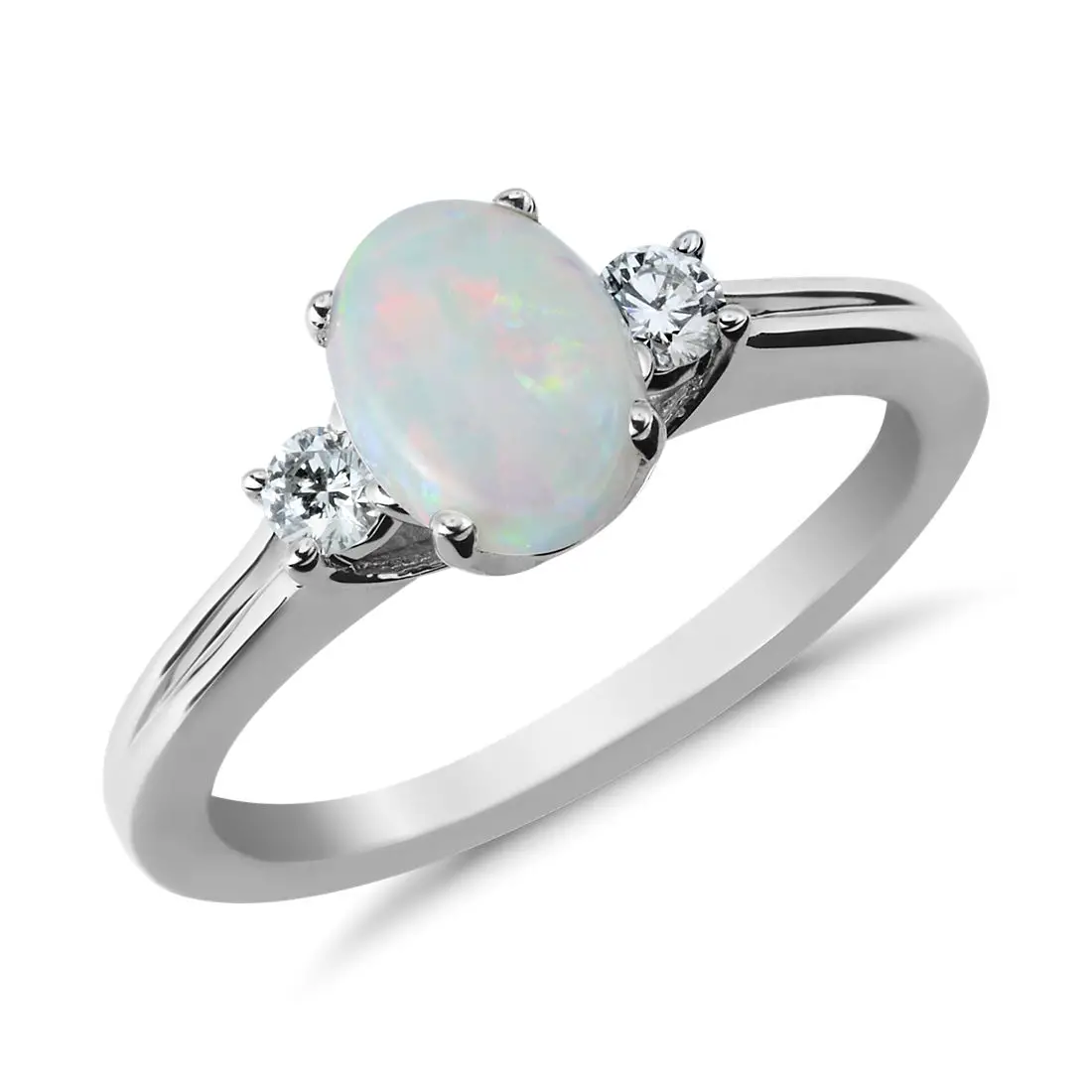 Opal and Diamond Ring in 18k White Gold (8x6mm)