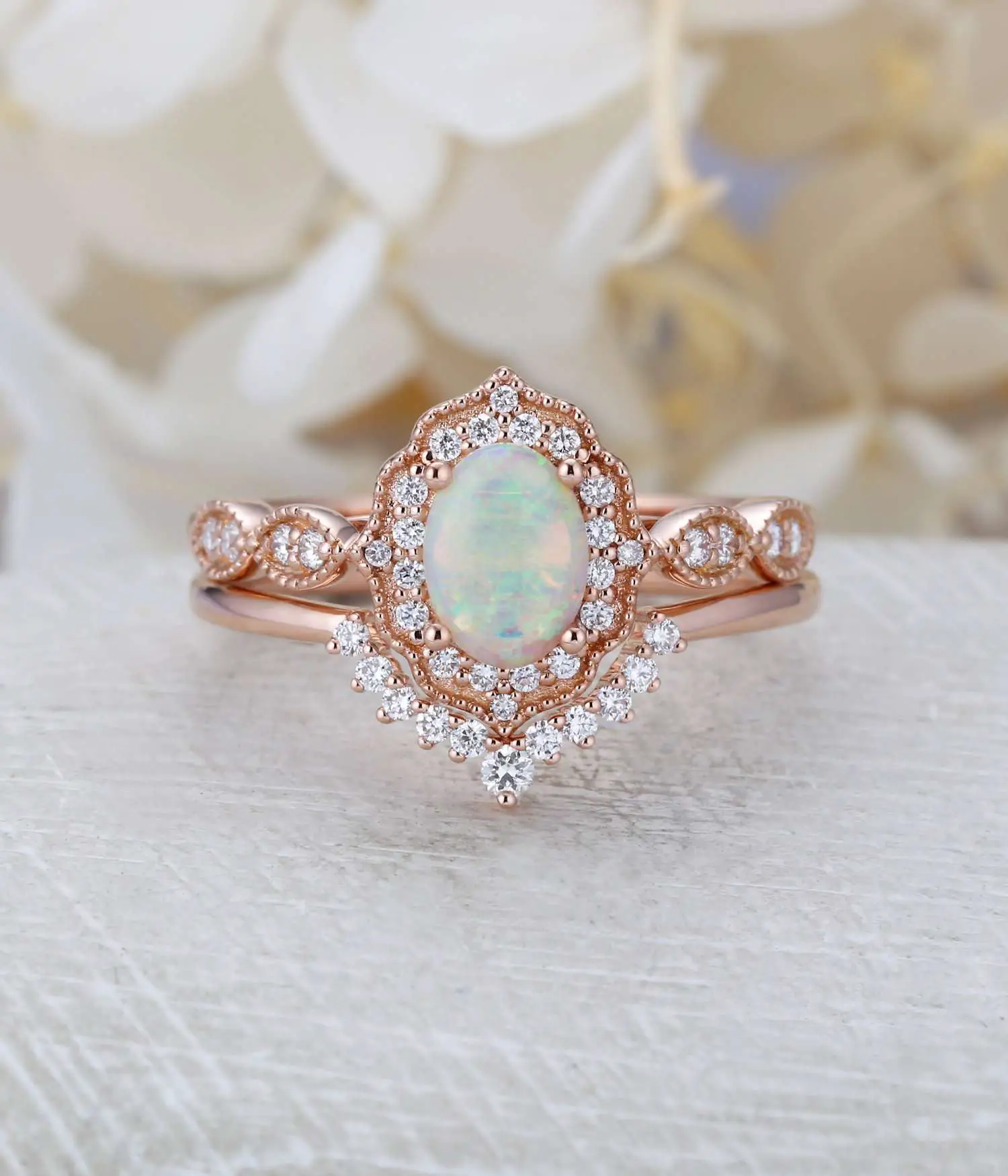 Opal engagement ring women rose gold Halo diamond vintage oval cut ...
