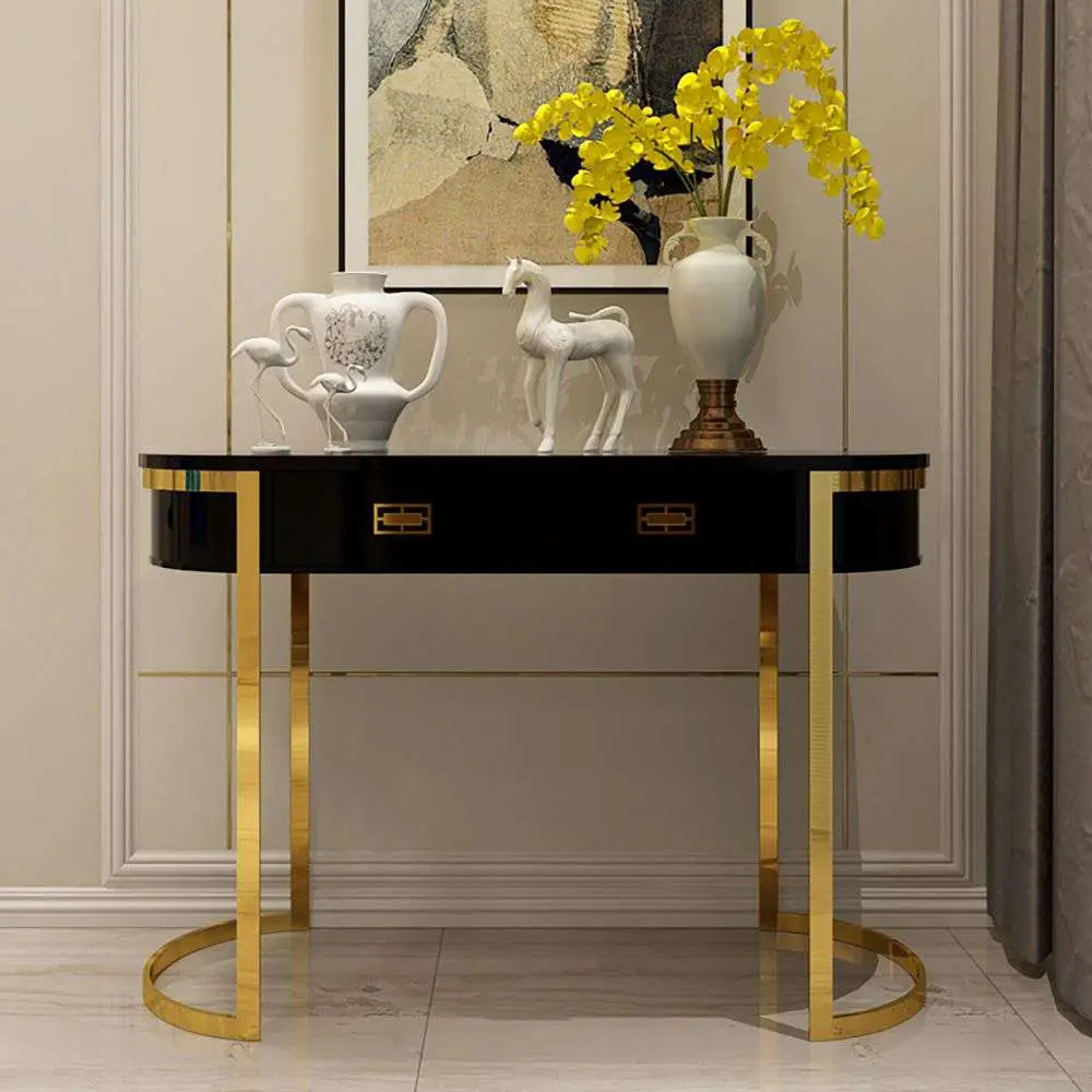 Oval Entryway Accent Table with Storage Black Console Table 2 Drawer ...