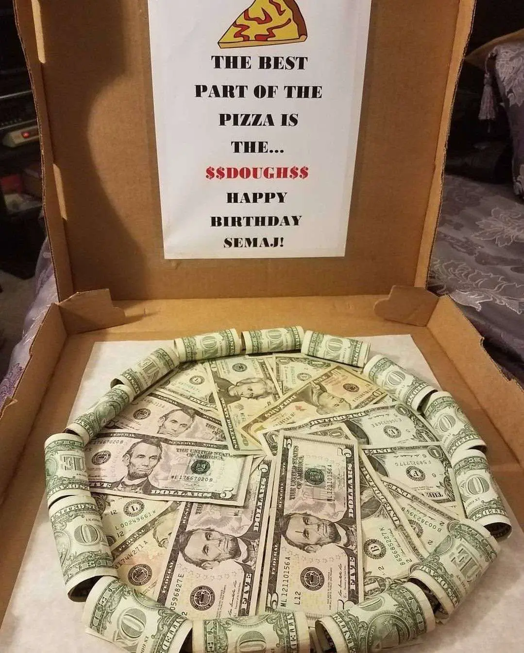 Pizza I made out of money for my son 11th Birthday. The ...