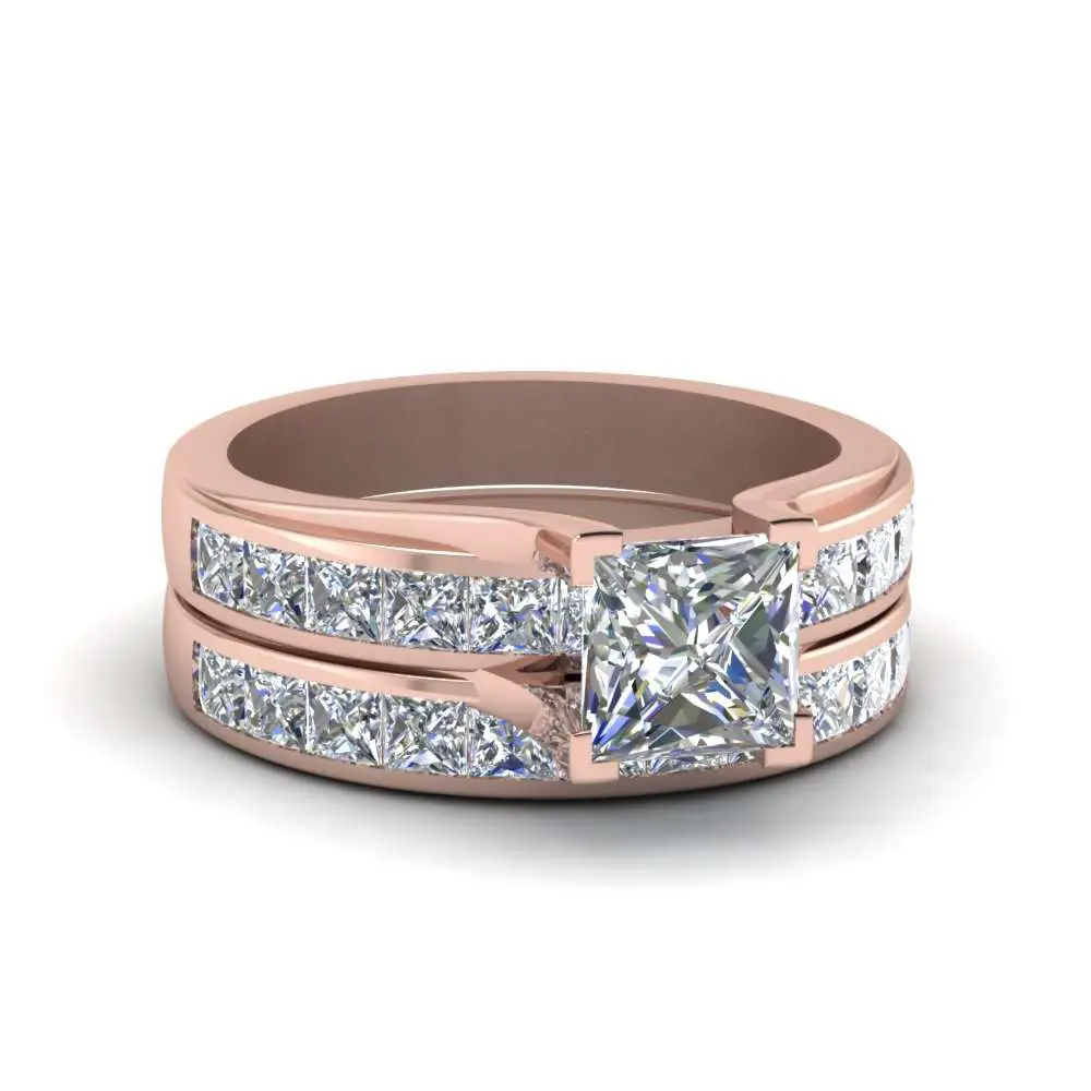Princess Cut Channel Set Diamond Wedding Set In 14K Rose Gold ...