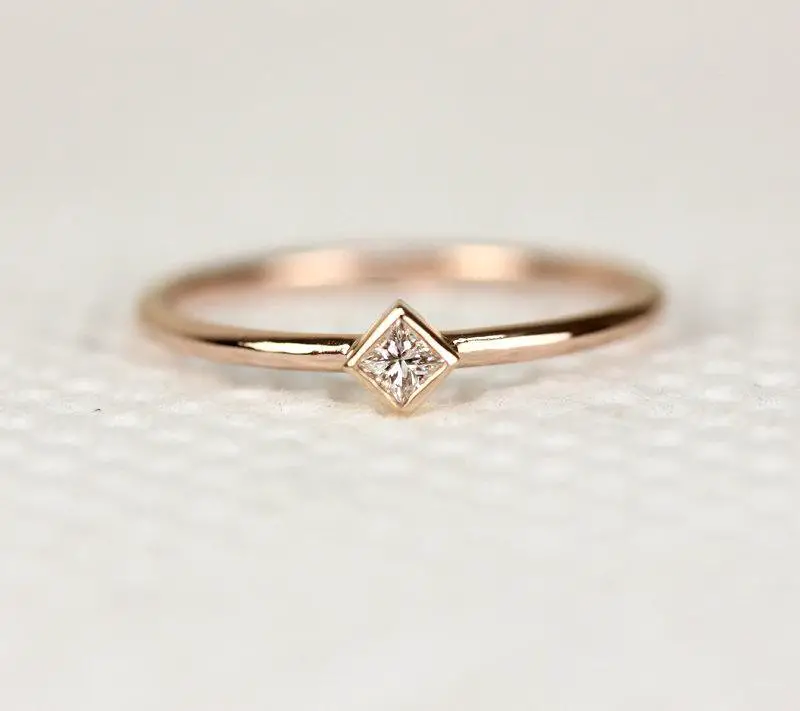Princess Cut Diamond Engagement Ring In 14k Solid Rose Gold,Thin Dainty ...