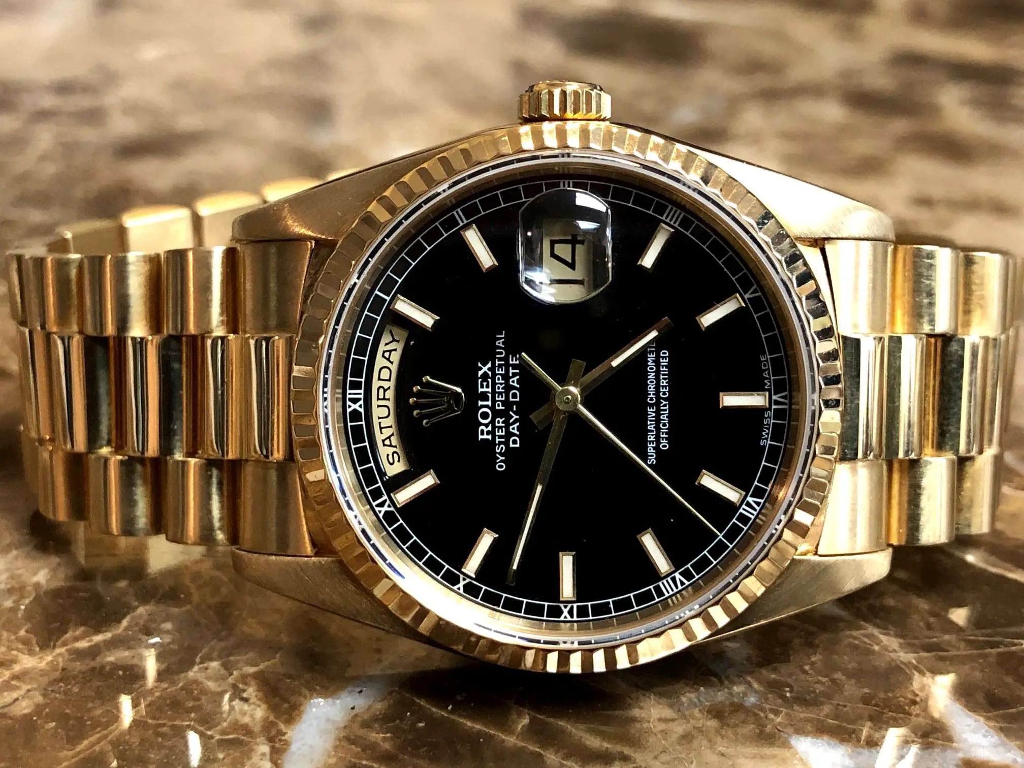 Rolex President Day Date MENS 18k Yellow Gold with Black Dial18238 with ...