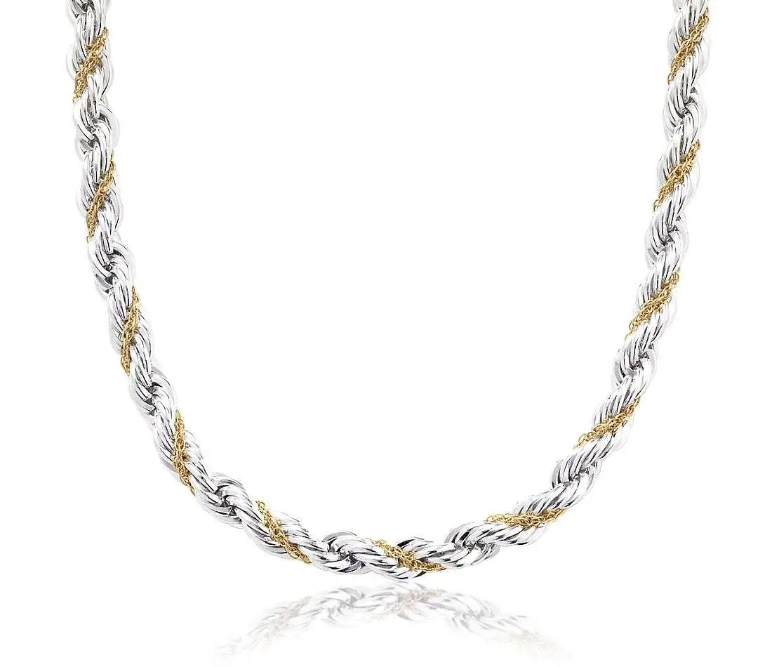 Rope Chain Necklace in Sterling Silver and 18k Yellow Gold
