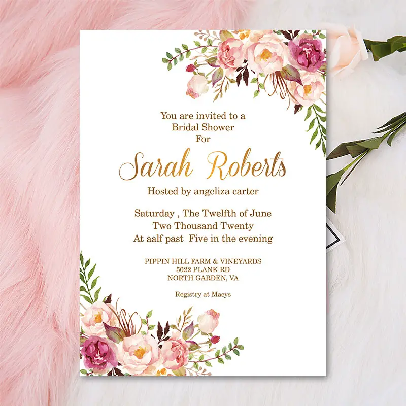 Rose Gold Boho Blush Floral Bridal Shower Invitation PWIB001